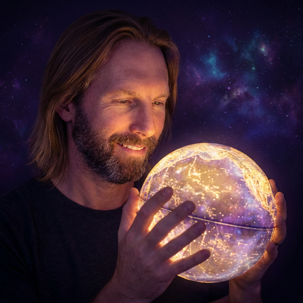 Jason gazing at a celestial globe
